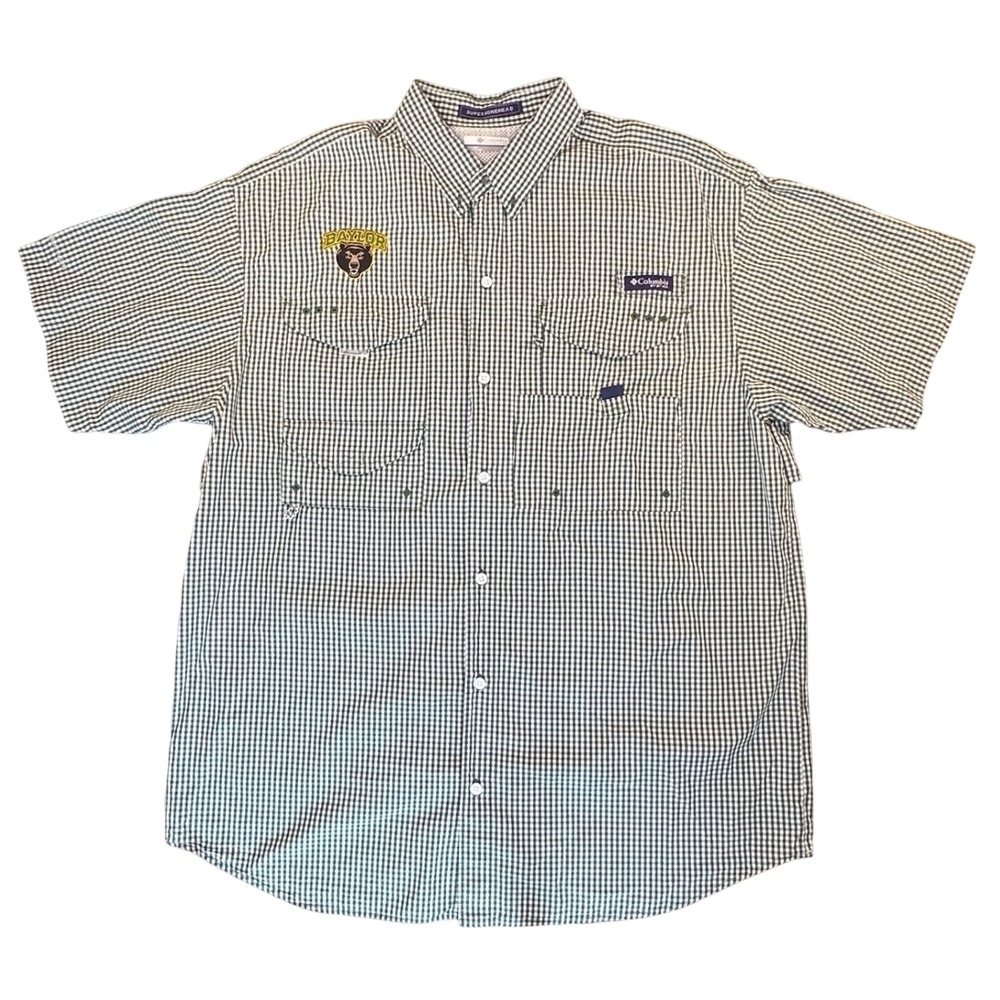 Columbia PFG Super Bonehead Baylor Bears Gingham Fishing Shirt Green White Large